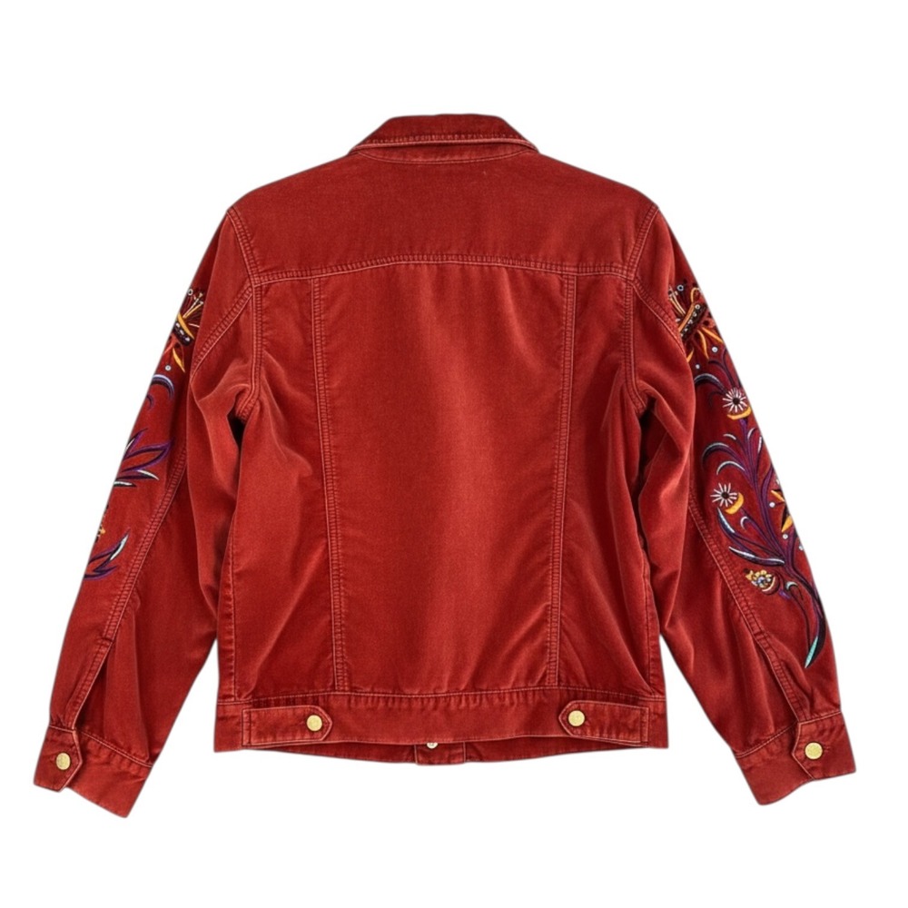 Bob Mackie Wearable Art Red Embroidered Floral Trucker Jacket Womens S Oversized - Picture 2 of 7